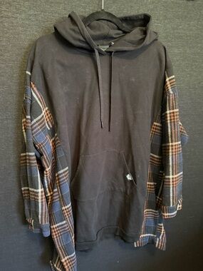 Women's Black Hoodie with Plaid Sleeve Accents